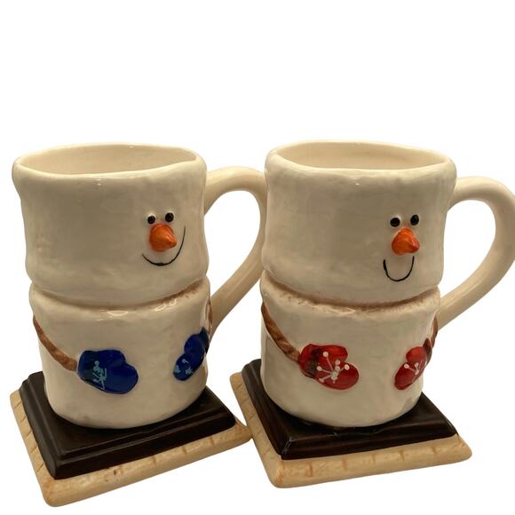 S'MORES  MARSHMALLOW FIGURAL COCOA MUGS HOT CHOCOLATE CUPS SNOWMEN PAIR WINTER - Picture 4 of 4